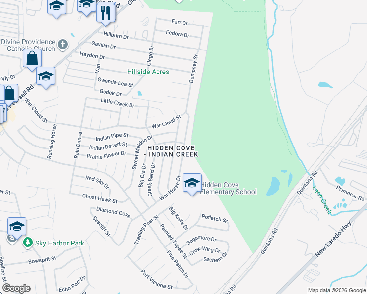 map of restaurants, bars, coffee shops, grocery stores, and more near 4922 War Horse Drive in San Antonio