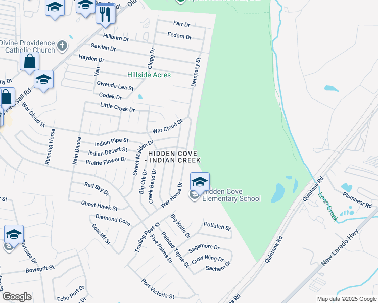 map of restaurants, bars, coffee shops, grocery stores, and more near 4902 War Horse Drive in San Antonio