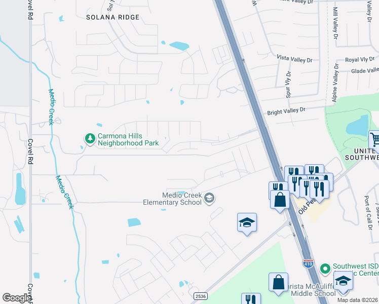 map of restaurants, bars, coffee shops, grocery stores, and more near 8347 Cenizo Pass in San Antonio