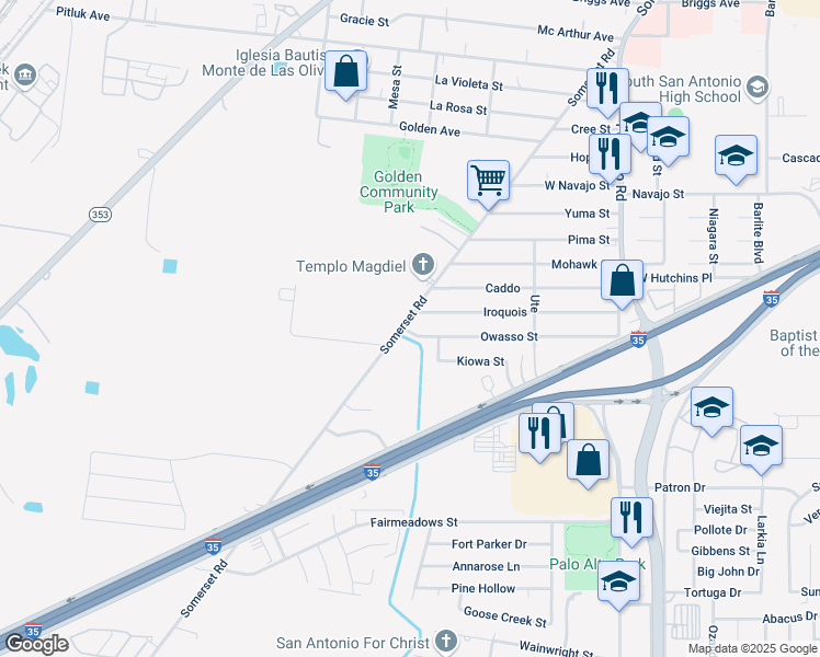 map of restaurants, bars, coffee shops, grocery stores, and more near 350 Iroquois Street in San Antonio