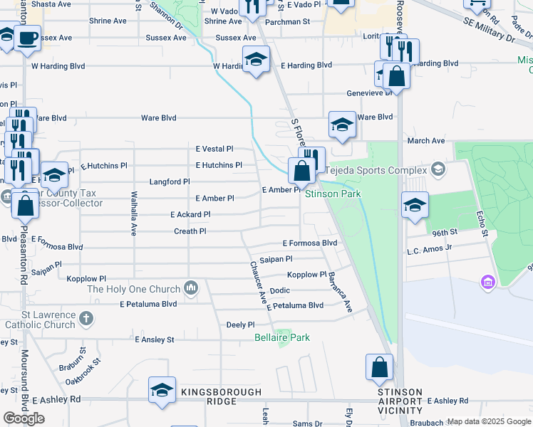 map of restaurants, bars, coffee shops, grocery stores, and more near 490 East Amber Street in San Antonio