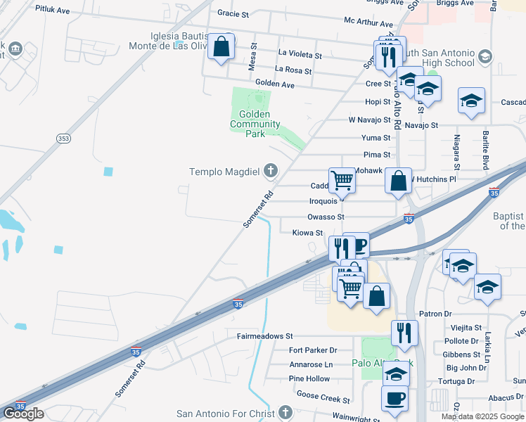 map of restaurants, bars, coffee shops, grocery stores, and more near 350 Iroquois Street in San Antonio