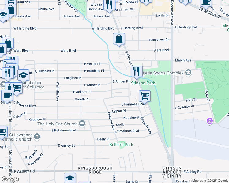 map of restaurants, bars, coffee shops, grocery stores, and more near 490 East Amber Street in San Antonio