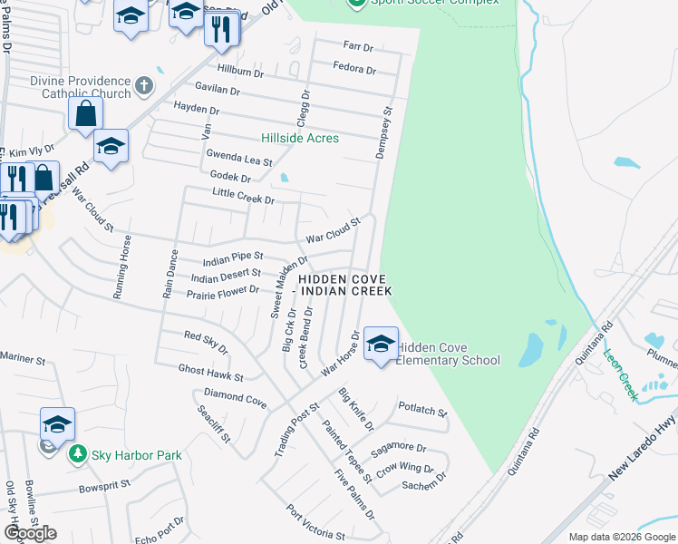 map of restaurants, bars, coffee shops, grocery stores, and more near 8318 Big Creek Drive in San Antonio