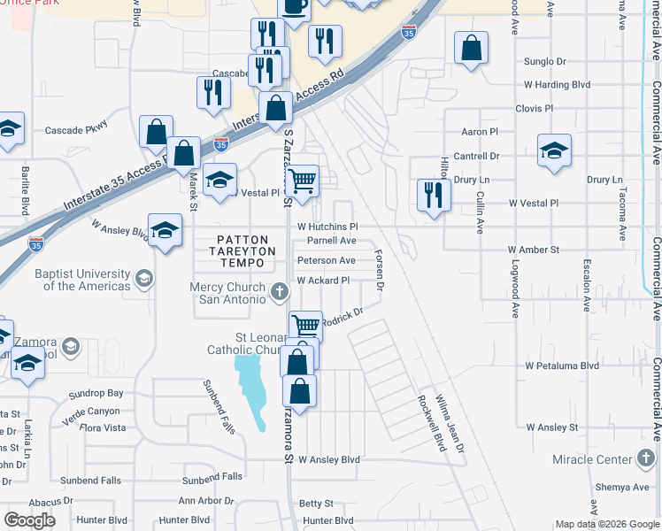 map of restaurants, bars, coffee shops, grocery stores, and more near 1443 Peterson Avenue in San Antonio