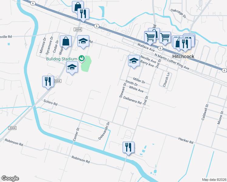 map of restaurants, bars, coffee shops, grocery stores, and more near 7222 McArthur Street in Hitchcock