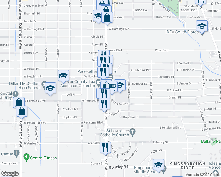map of restaurants, bars, coffee shops, grocery stores, and more near 100 East Amber Street in San Antonio