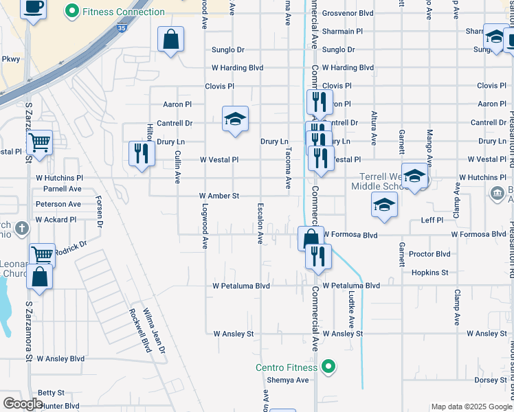 map of restaurants, bars, coffee shops, grocery stores, and more near 1006 West Amber Street in San Antonio