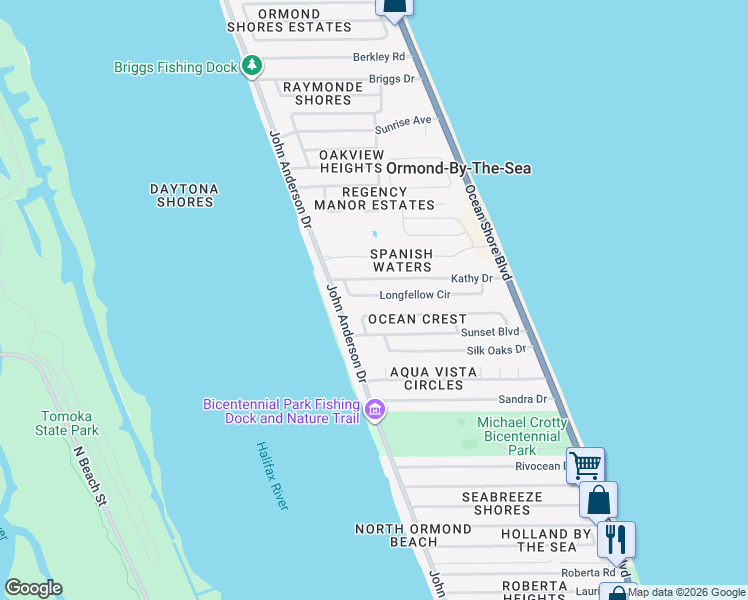 map of restaurants, bars, coffee shops, grocery stores, and more near 45 Longfellow Circle in Ormond Beach