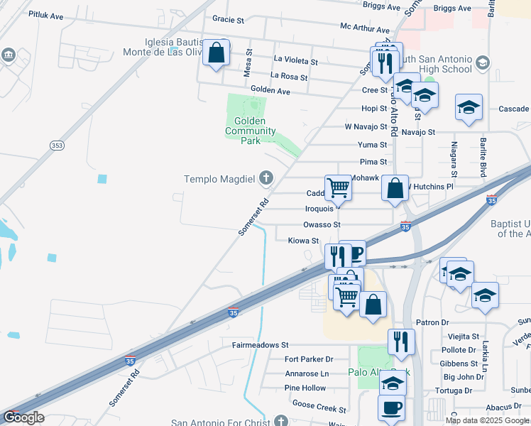 map of restaurants, bars, coffee shops, grocery stores, and more near 350 Iroquois Street in San Antonio