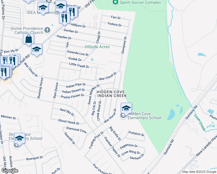 map of restaurants, bars, coffee shops, grocery stores, and more near 8310 Sweet Maiden Drive in San Antonio