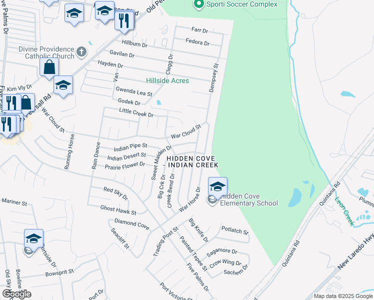 map of restaurants, bars, coffee shops, grocery stores, and more near 8310 Sweet Maiden Drive in San Antonio