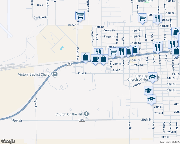 map of restaurants, bars, coffee shops, grocery stores, and more near 2508 22nd Street in Hondo