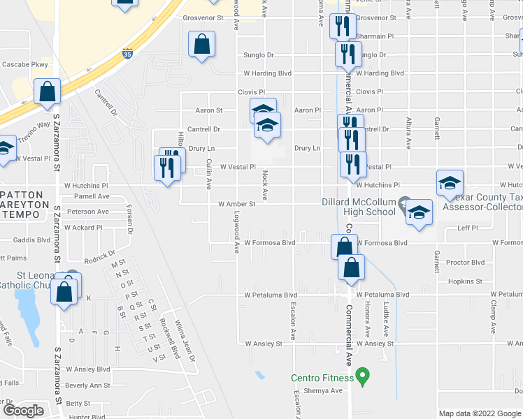 map of restaurants, bars, coffee shops, grocery stores, and more near 1102 West Amber Street in San Antonio