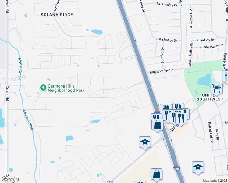 map of restaurants, bars, coffee shops, grocery stores, and more near 6738 Carmona Pass in San Antonio