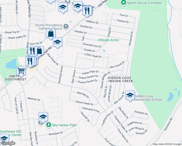 map of restaurants, bars, coffee shops, grocery stores, and more near 5402 Indian Pipe Street in San Antonio