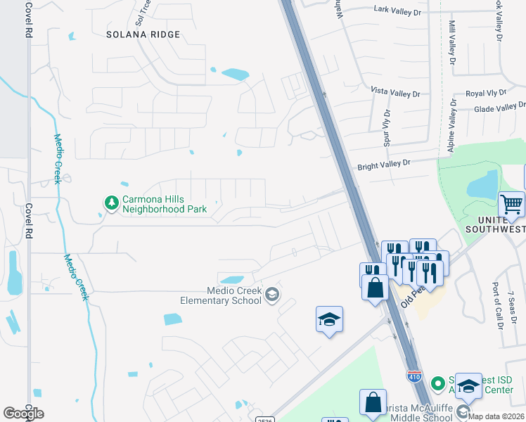 map of restaurants, bars, coffee shops, grocery stores, and more near 8347 Cenizo Pass in San Antonio