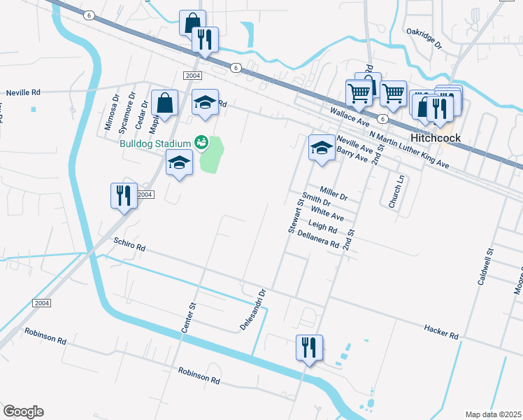 map of restaurants, bars, coffee shops, grocery stores, and more near 7222 McArthur Street in Hitchcock