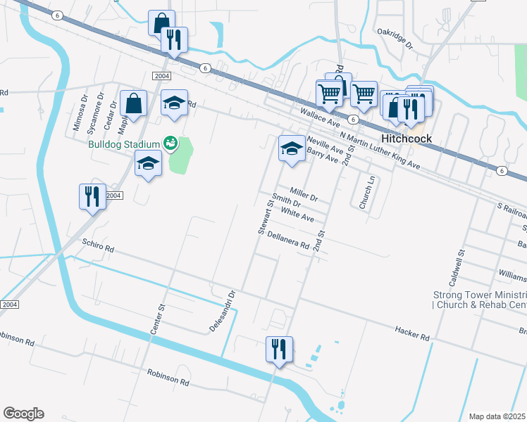 map of restaurants, bars, coffee shops, grocery stores, and more near 7212 Stewart Street in Hitchcock