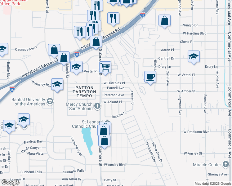 map of restaurants, bars, coffee shops, grocery stores, and more near 1443 Peterson Avenue in San Antonio