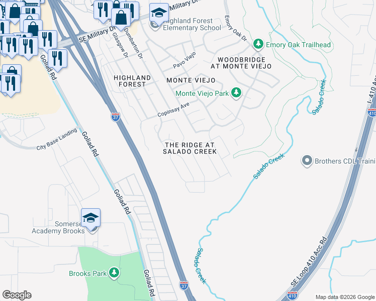 map of restaurants, bars, coffee shops, grocery stores, and more near 3714 Seco Tierra in San Antonio