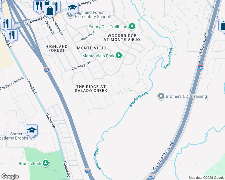map of restaurants, bars, coffee shops, grocery stores, and more near 8246 Recio Oak in San Antonio