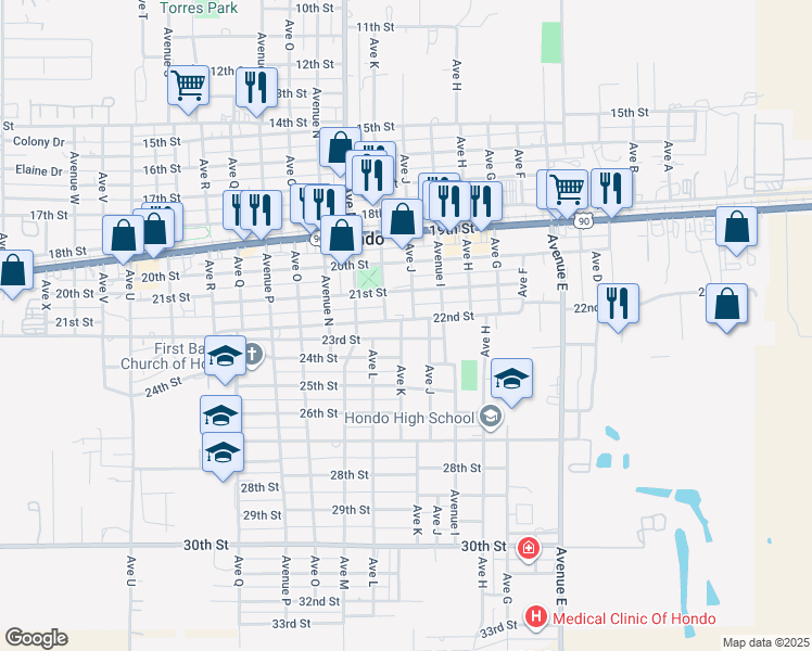 map of restaurants, bars, coffee shops, grocery stores, and more near 1007 22nd Street in Hondo