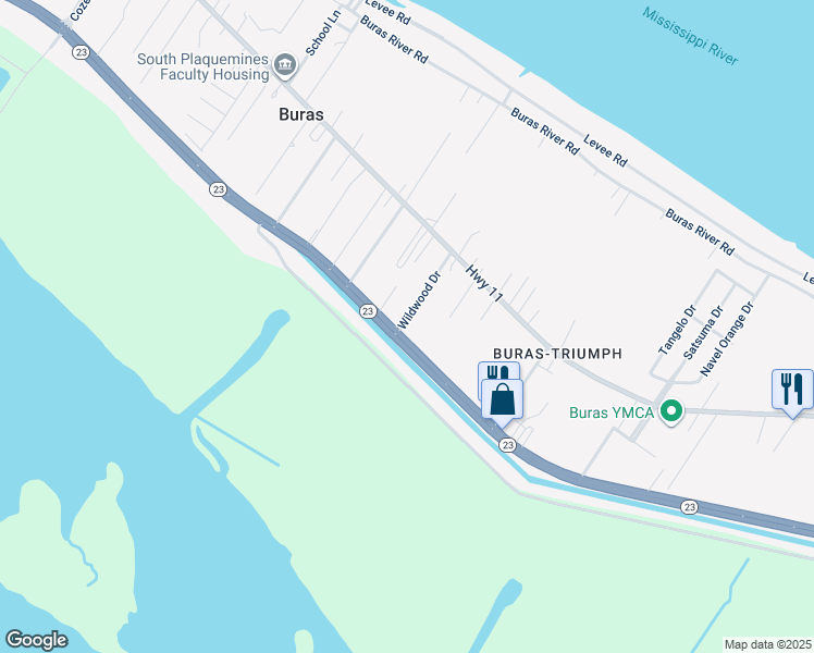 map of restaurants, bars, coffee shops, grocery stores, and more near 123 Wildwood Drive in Buras