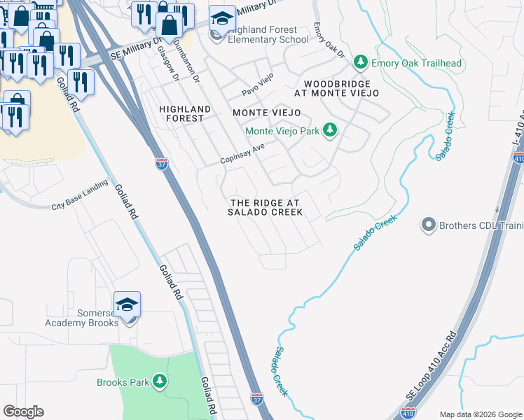 map of restaurants, bars, coffee shops, grocery stores, and more near 3714 Seco Tierra in San Antonio