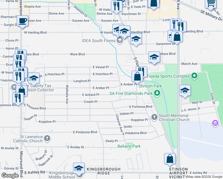 map of restaurants, bars, coffee shops, grocery stores, and more near 458 East Amber Street in San Antonio