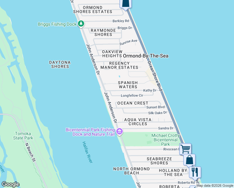 map of restaurants, bars, coffee shops, grocery stores, and more near 45 Longfellow Circle in Ormond Beach