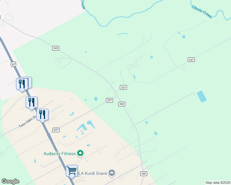 map of restaurants, bars, coffee shops, grocery stores, and more near 3119 County Road 342 in La Vernia