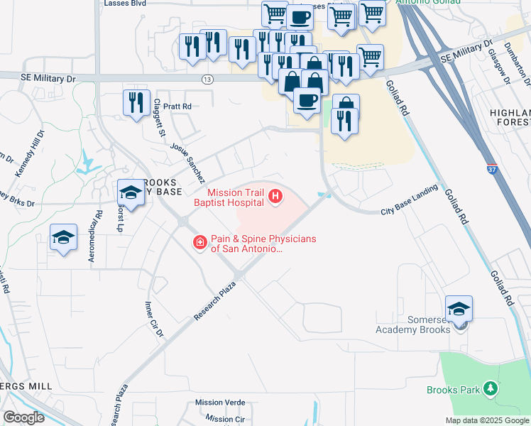 map of restaurants, bars, coffee shops, grocery stores, and more near 3333 Research Plaza in San Antonio