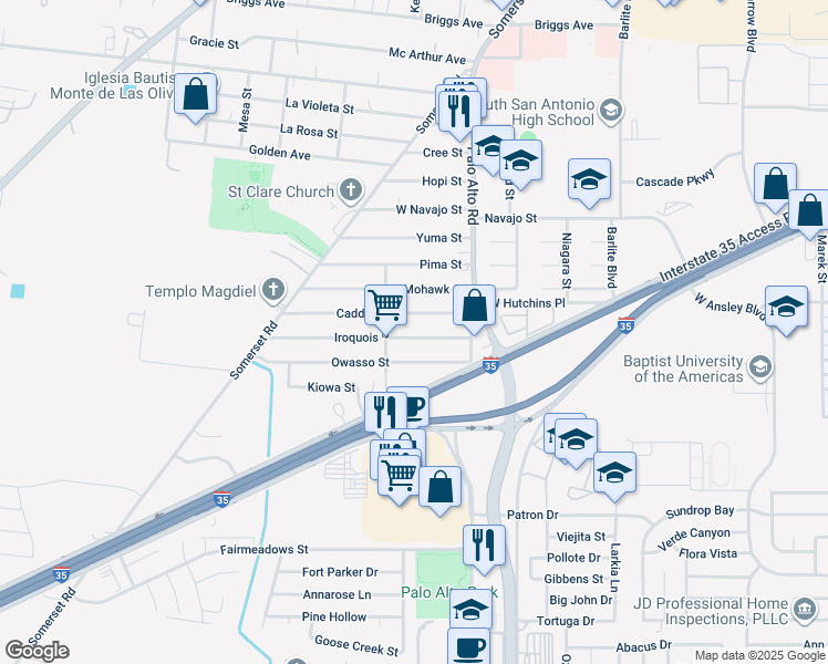 map of restaurants, bars, coffee shops, grocery stores, and more near 155 Iroquois Street in San Antonio