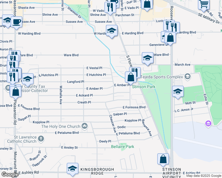 map of restaurants, bars, coffee shops, grocery stores, and more near 490 East Amber Street in San Antonio