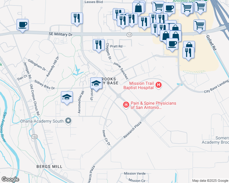 map of restaurants, bars, coffee shops, grocery stores, and more near South New Braunfels Avenue in San Antonio