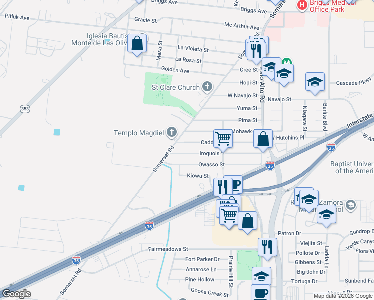 map of restaurants, bars, coffee shops, grocery stores, and more near 323 Iroquois Street in San Antonio