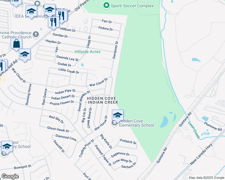 map of restaurants, bars, coffee shops, grocery stores, and more near 4822 War Horse Drive in San Antonio