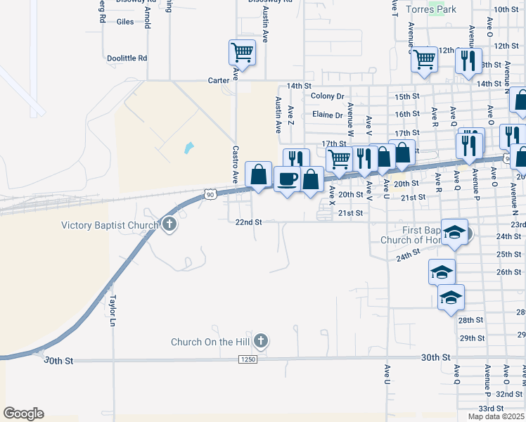 map of restaurants, bars, coffee shops, grocery stores, and more near 2508 22nd Street in Hondo