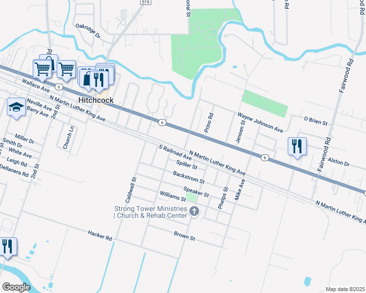 map of restaurants, bars, coffee shops, grocery stores, and more near 204 Drew Street in Hitchcock