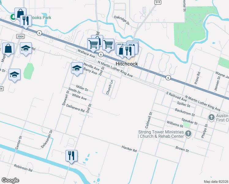 map of restaurants, bars, coffee shops, grocery stores, and more near 7801 Neville Road in Hitchcock