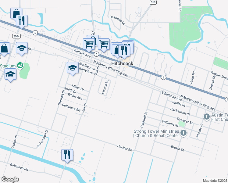 map of restaurants, bars, coffee shops, grocery stores, and more near 7801 Neville Road in Hitchcock