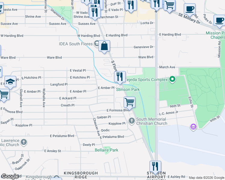 map of restaurants, bars, coffee shops, grocery stores, and more near 600 East Amber Street in San Antonio