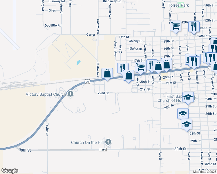 map of restaurants, bars, coffee shops, grocery stores, and more near 2508 22nd Street in Hondo