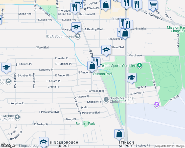 map of restaurants, bars, coffee shops, grocery stores, and more near 600 East Amber Street in San Antonio