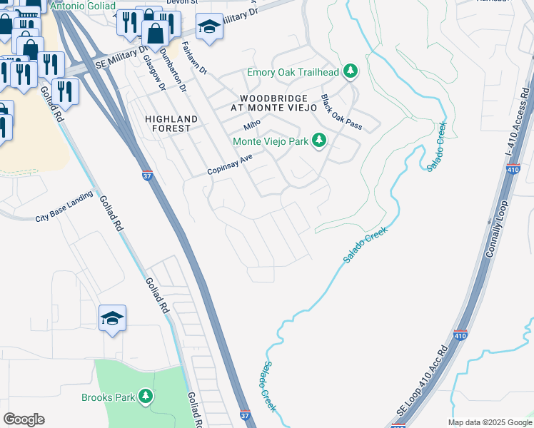 map of restaurants, bars, coffee shops, grocery stores, and more near 3606 Seco Tierra in San Antonio