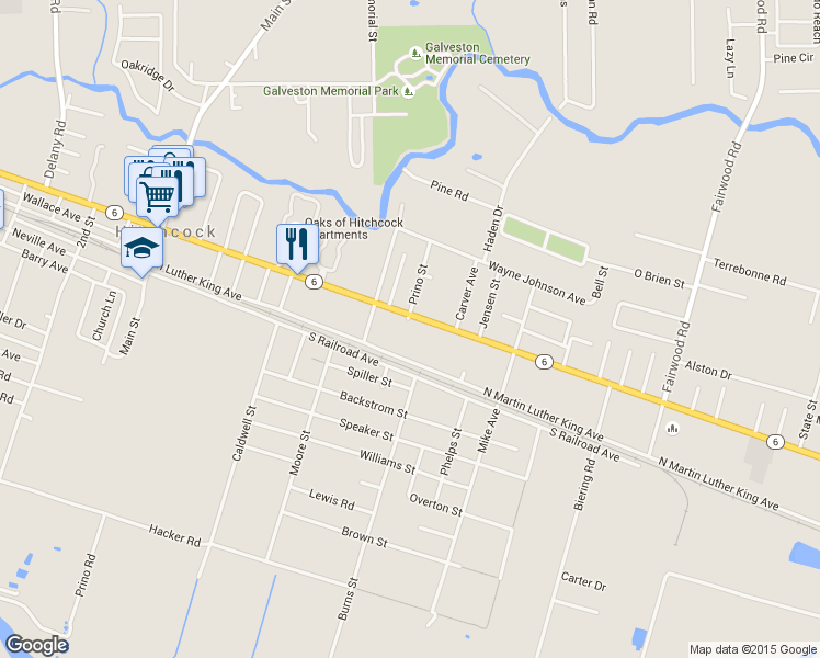 map of restaurants, bars, coffee shops, grocery stores, and more near 7017 Texas 6 in Hitchcock