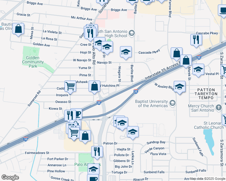 map of restaurants, bars, coffee shops, grocery stores, and more near 13 Interstate 35 Access Road in San Antonio