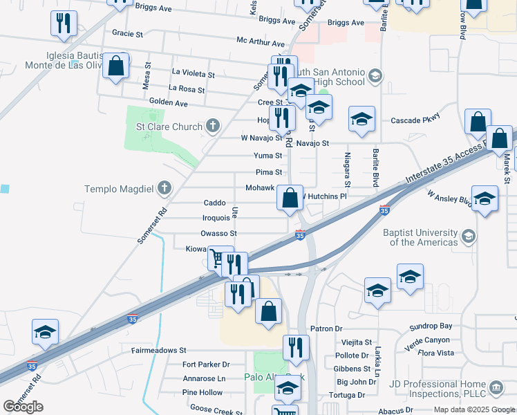map of restaurants, bars, coffee shops, grocery stores, and more near 155 Iroquois Street in San Antonio