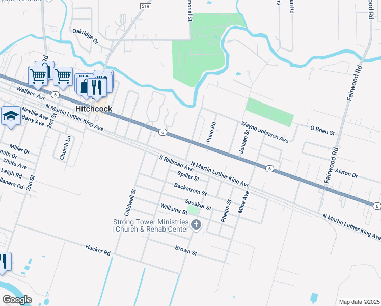 map of restaurants, bars, coffee shops, grocery stores, and more near 204 Drew Street in Hitchcock